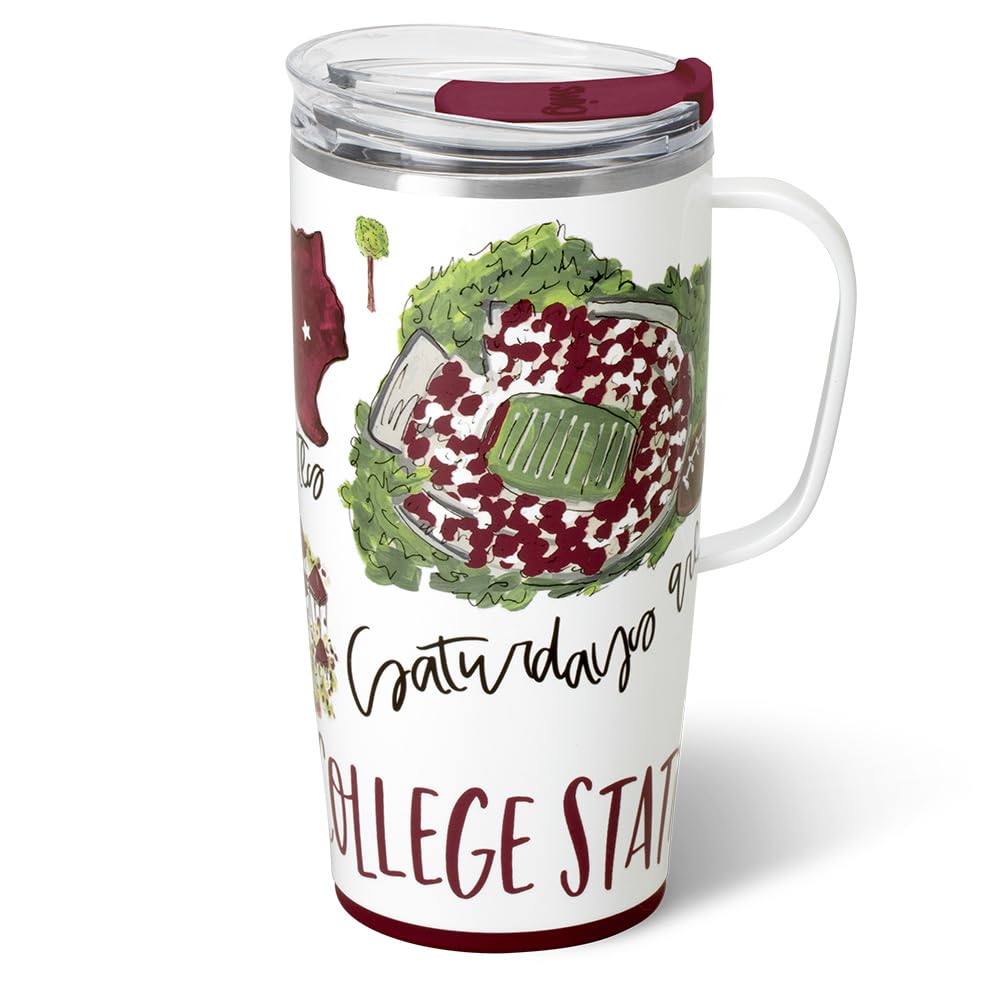 Swig Life 22oz Travel Mug, Insulated Tumbler with Handle and Lid, Travel Coffee Mug, Cup Holder Friendly, Stainless Steel 22 oz Tumbler, Reusable Insulated with Lid (Saturdays in College Station)