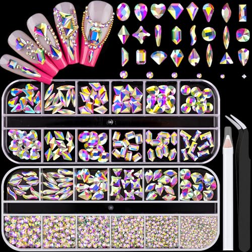 BELLEBOOST 1680Pcs AB Glass Nail Rhinestones & Flatback Gems Kit