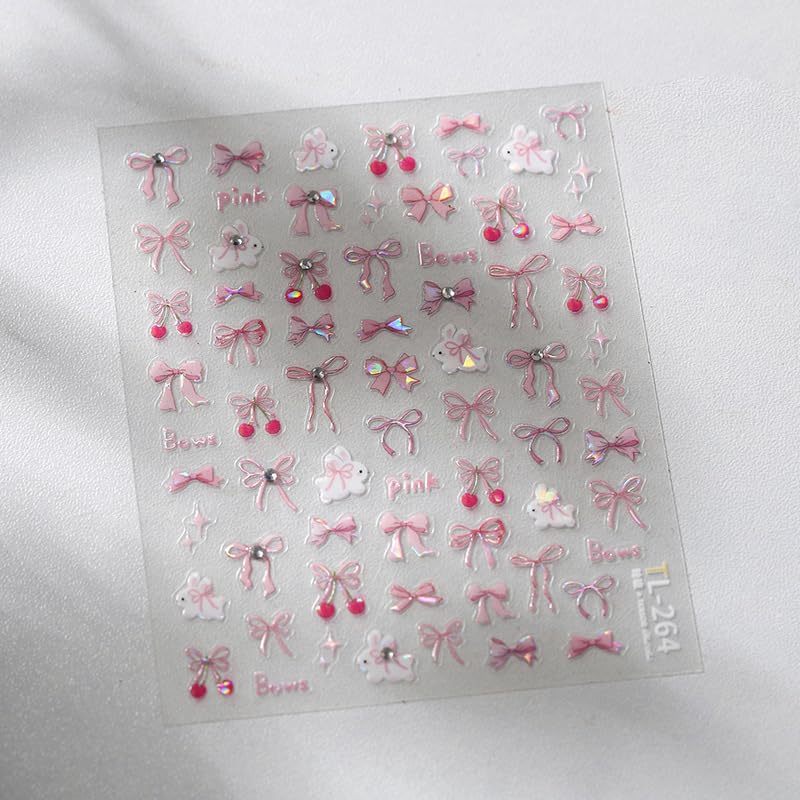 5D Embossed Nail Stickers Self-Adhesive Pink Bow Nail Art Decals
