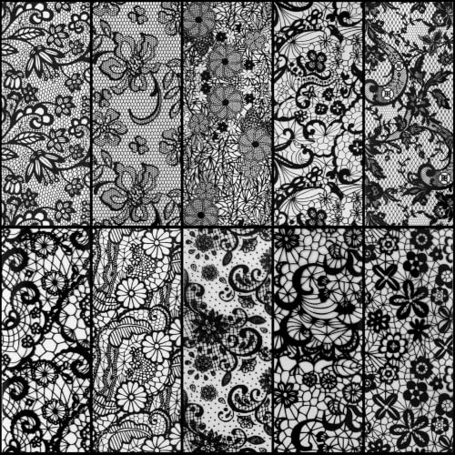 JJUNW 20 Rolls Lace Nail Foil Set - Black and White Flower Nail Art Transfer Decals for DIY Acrylic Gel Manicures