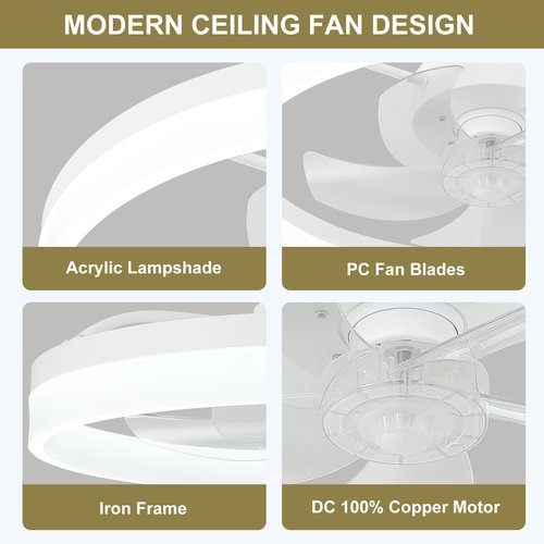 FTZVRD Ceiling Fans with Lights and Remote, 20 Inch Flush Mount Low Noise Fan, Reversible DC Motor, 3-Color Dimmable LED Fan for Bedroom, Dining Room, Kitchen, Kids Room, Home Office