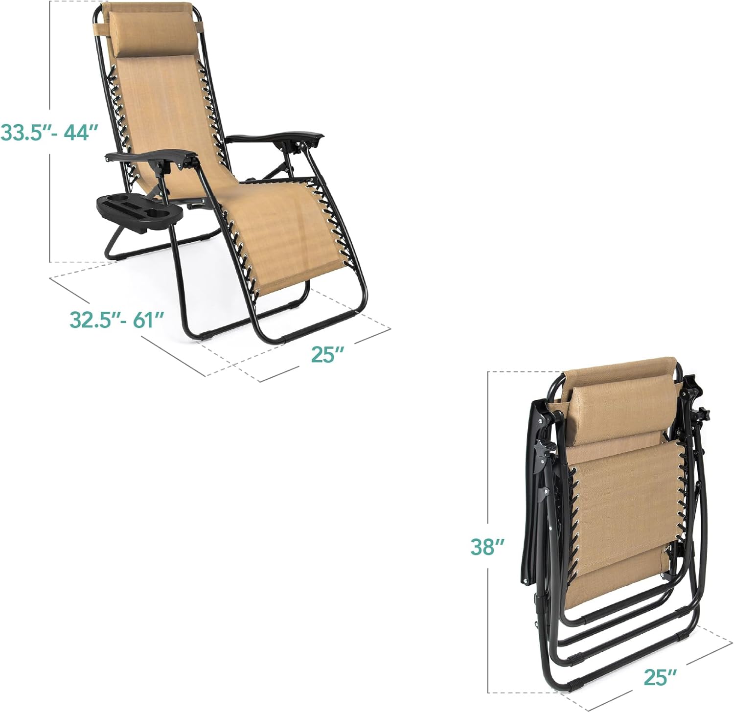 Best Choice Products Adjustable Steel Mesh Zero Gravity Lounge Chair Set - 2 Recliners with Pillows & Cup Holders - Beige