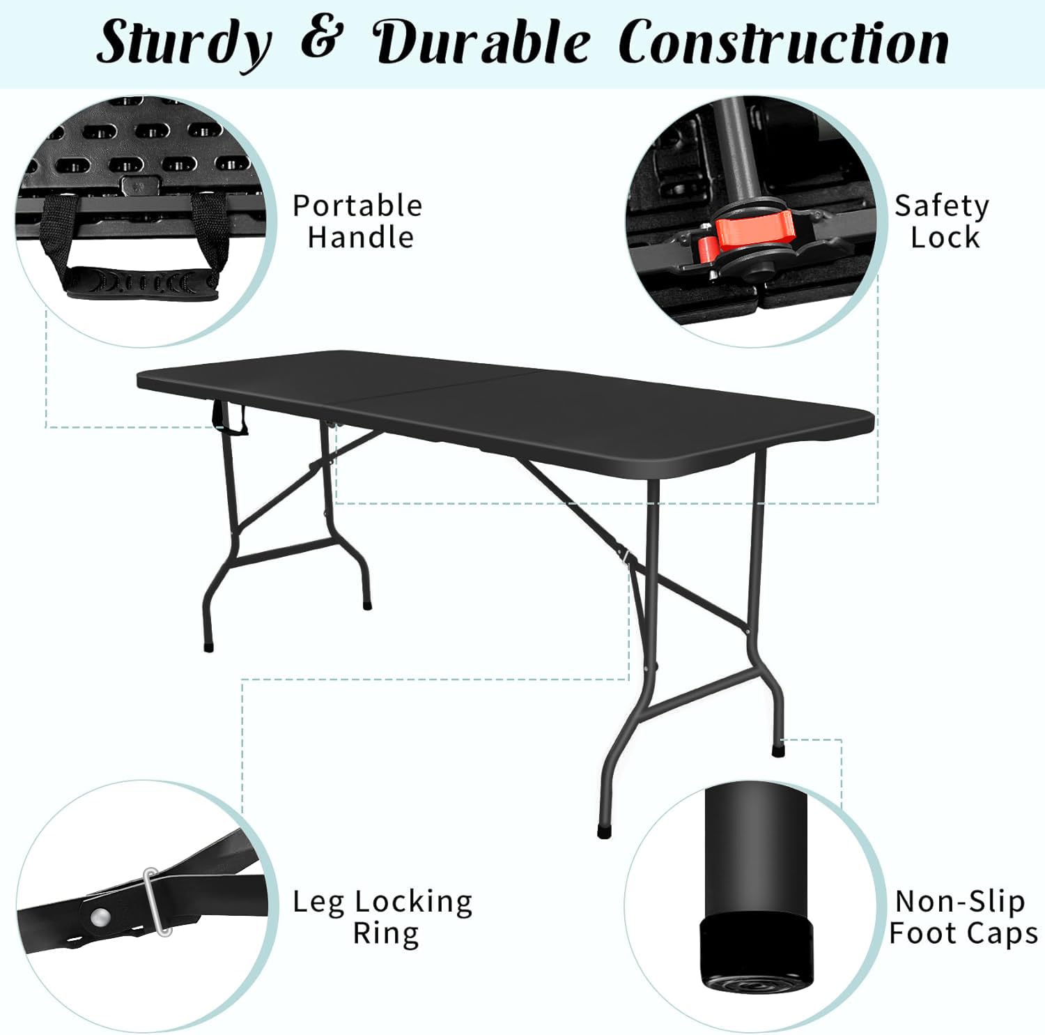 Vampire Killer Folding Table 6ft Foldable Table with Built in Handle & Steel Legs / 6FT Heavy Duty Folding Portable,Perfect for Party, Dining Indoor/Outdoor Events, Tailgating & Backyard BBQ, Black