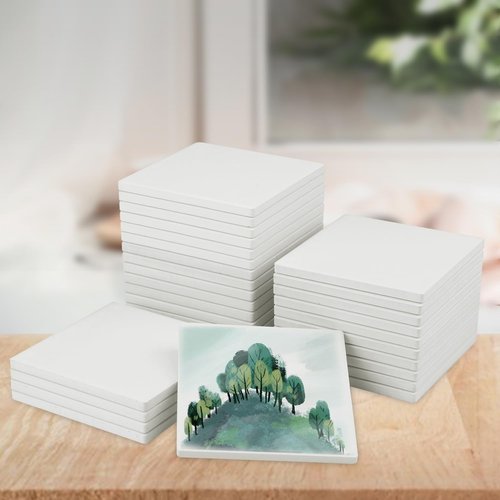 60 Pieces 4 Inch Blank Ceramic Coasters, Unglazed Ceramic Tiles Coasters, Ceramic Tiles with Cork Backing Pads for Painting, DIY Crafts, Mosaics, Square, White.by GNIEMCKIN