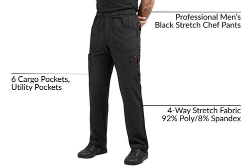 ChefUniforms.com Men's Black Stretch Cargo Chef Pants - Professional Kitchen Workwear, 4-Way Stretch Fabric, 6 Pockets for Restaurant Cooks