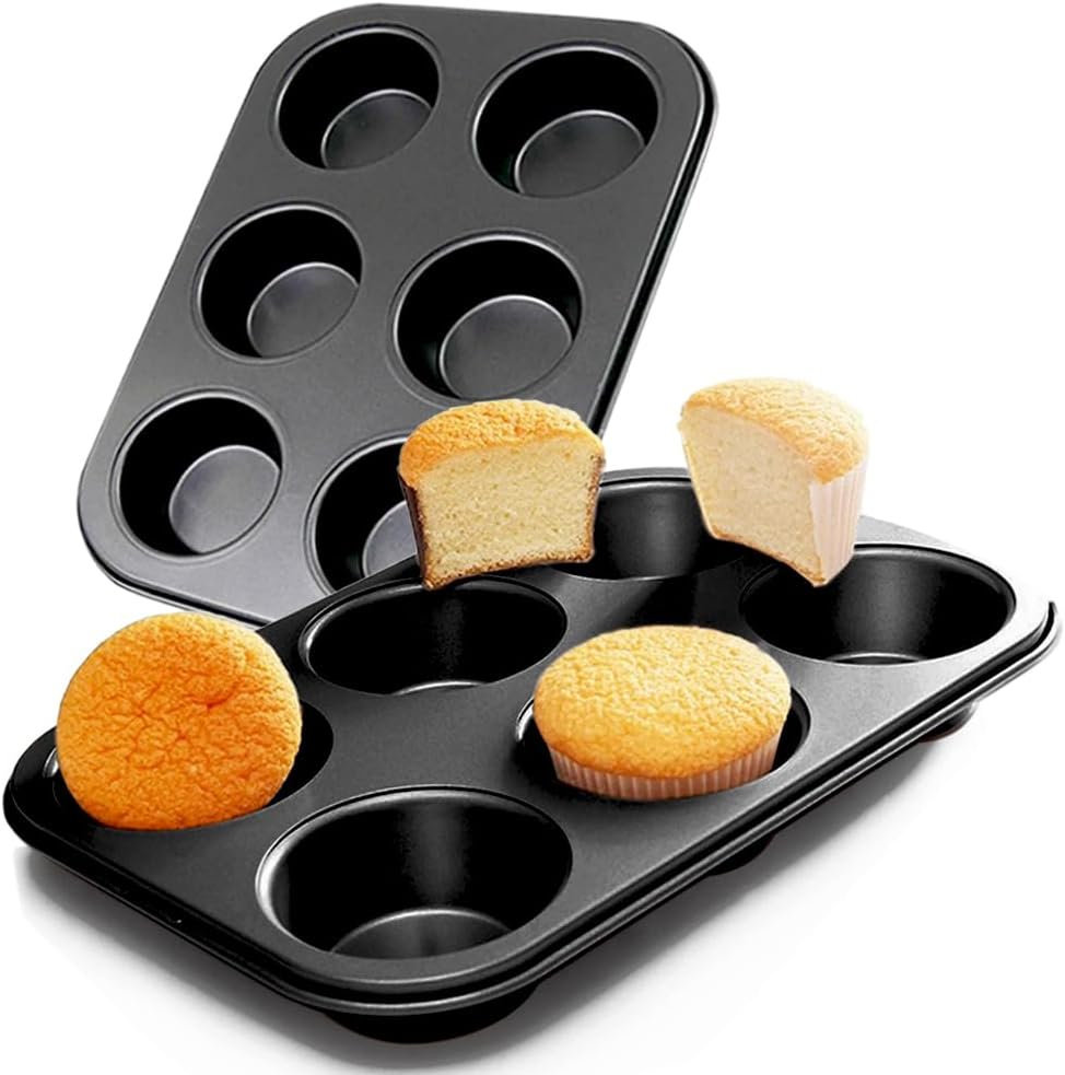 Premium Steel Muffin Pan by [Brand Name] - 2 Pack Round Baking Tray for Muffins & Cupcakes | Black, 6 Cup