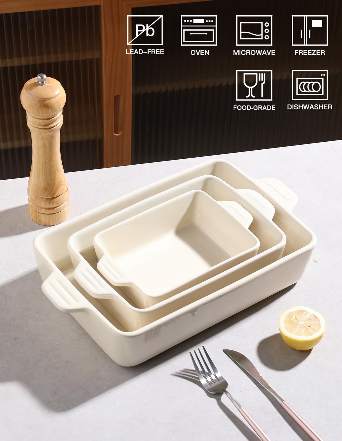 Sweejar Ceramic Bakeware Set - Rectangular Baking Dish for Lasagna & Cakes | 11.8 x 7.8 x 2.76 Inches (Beige)