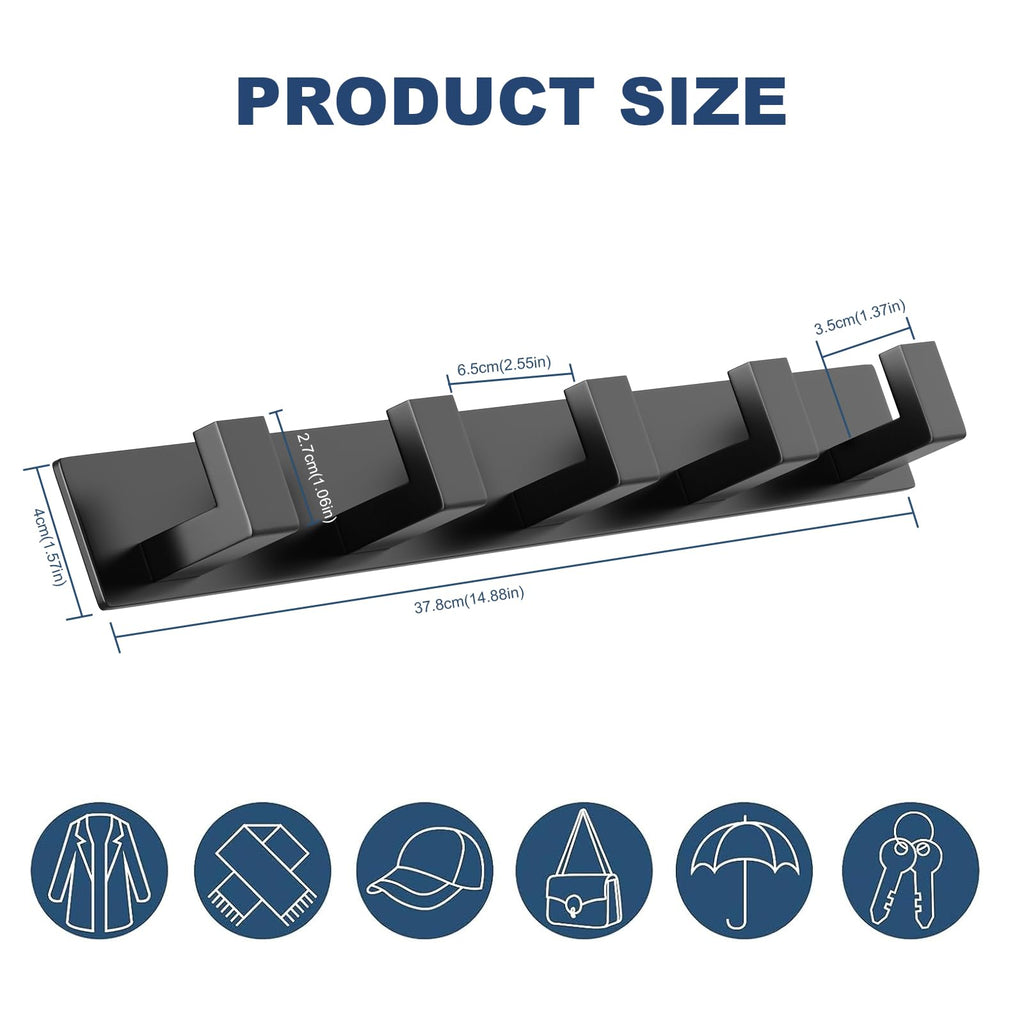 PMMASTO Coat Rack Wall Mount, Coat Hooks Wall Hooks for Hanging, Stainless Steel Coat Hanger Towel Hooks for Bathrooms, Hat Rack (Black 5 Hooks, 1 Pack)