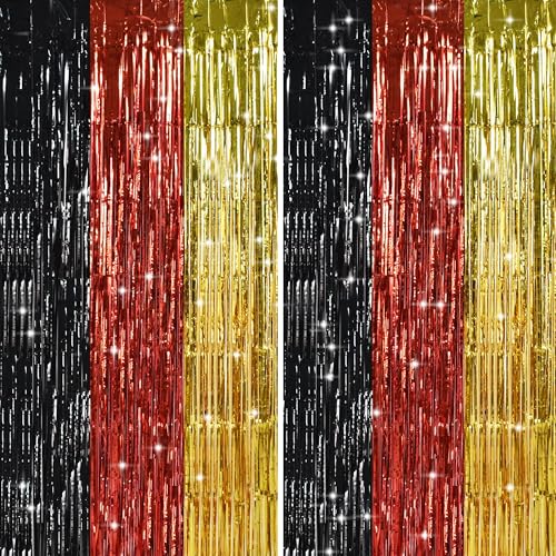 TONIFUL Metallic Foil Fringe Curtains - 2 Pack Black Red Gold Party Backdrop