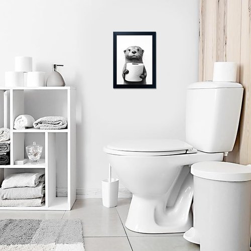 Framed Animal Bathroom Wall Art - Funny Raccoon Holding Toilet Paper | Black and White Canvas Print