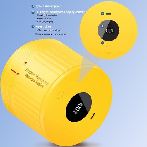 LOVE MOMENT Electric Mason Jar Vacuum Sealer Kit - Ideal for Wide & Regular Mouth Jars - Yellow
