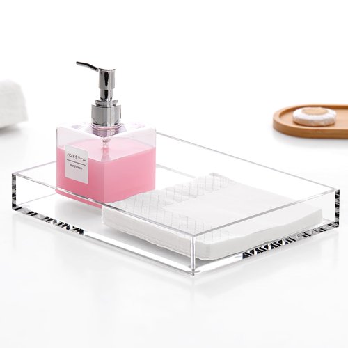 DINGHUO Acrylic Perfume Bathroom Vanity Counter Tray, Clear 9.45"x7.09"x1.38" Rectangle Countertop Organizer for Jewelry Candles Soap Makeup Toilet Tank Kitchen - 1 Pack