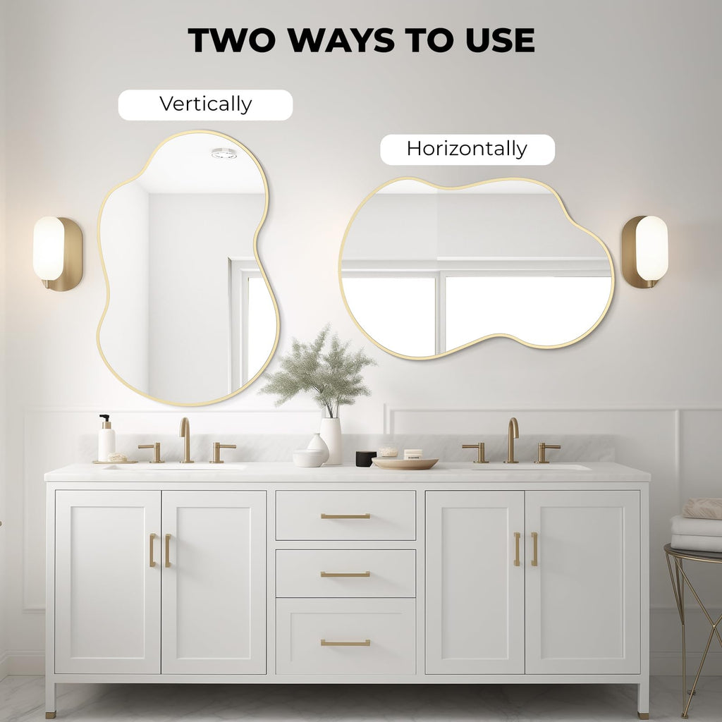 WallBeyond Gold Asymmetrical Mirror, Modern Irregular Wall Mirror with Aluminum Frame for Bedroom, Bathroom, Living Room, and Entryway 36" H x 24" W (Gold)
