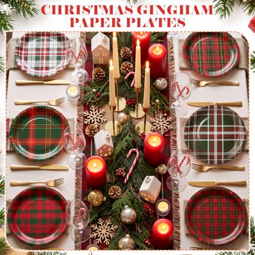 Christmas Plaid Paper Plates Set 120 Pcs - Red, Green, White, 7 Inch