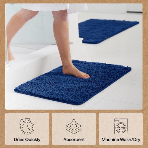 GORILLA GRIP Bath Rug Mat - Thick Soft Absorbent Chenille | Quick Dry Microfiber, 24x17 Royal Blue