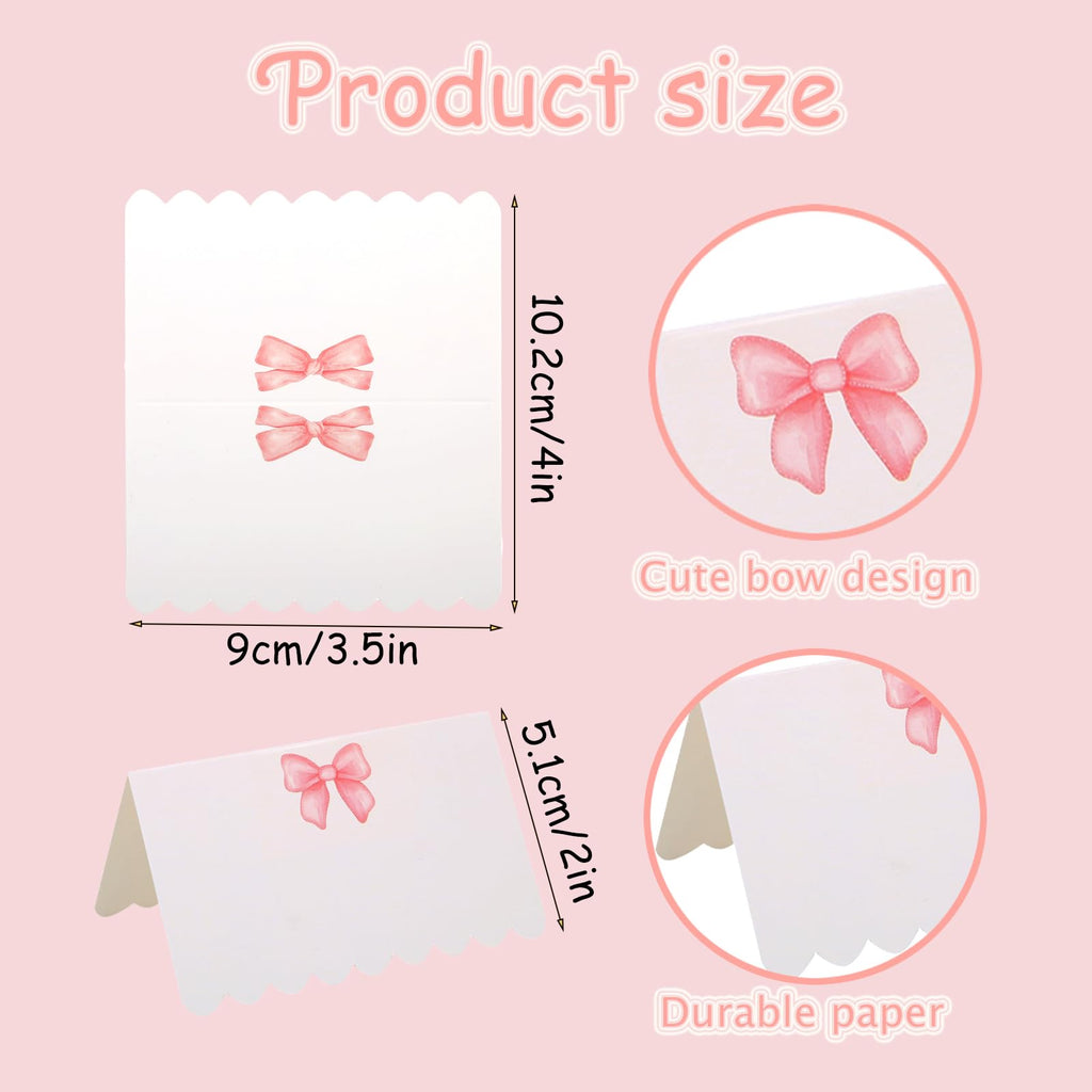 OIPKKUI 100Pcs Pink Bow Place Cards, 2.54 x4 Inch Cute Bow Knot Tent Name Cards 5 Designs Blank Seat Assignment Label Cards for Birthday Party Wedding Coquette Setting (Pink-5 pattern)