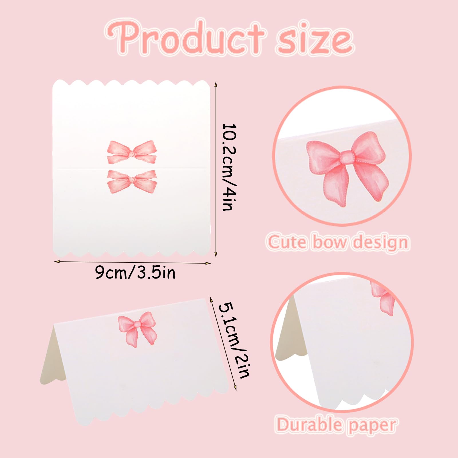OIPKKUI 100Pcs Pink Bow Place Cards, 2.54 x4 Inch Cute Bow Knot Tent Name Cards 5 Designs Blank Seat Assignment Label Cards for Birthday Party Wedding Coquette Setting (Pink-5 pattern)