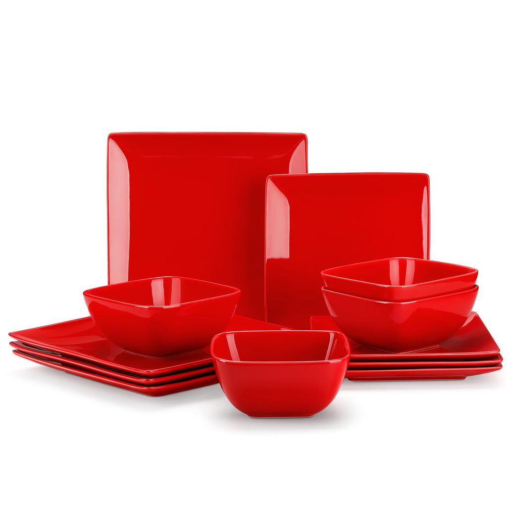 vancasso Soho Dinnerware Sets 12 Pieces, Red Stoneware Square Place Setting, Dinner Plate, Plates and Bowls Sets, Dishes Service for 4