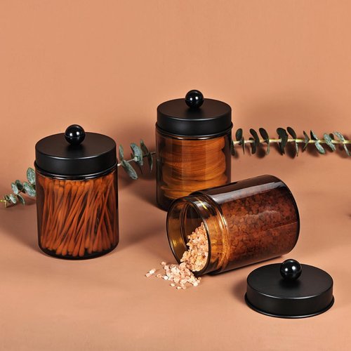 Amber Glass Qtip Holder - Apothecary Jar with Metal Lid & Stickers | 3-Pack Vanity Organizer Set for Bathroom Accessories