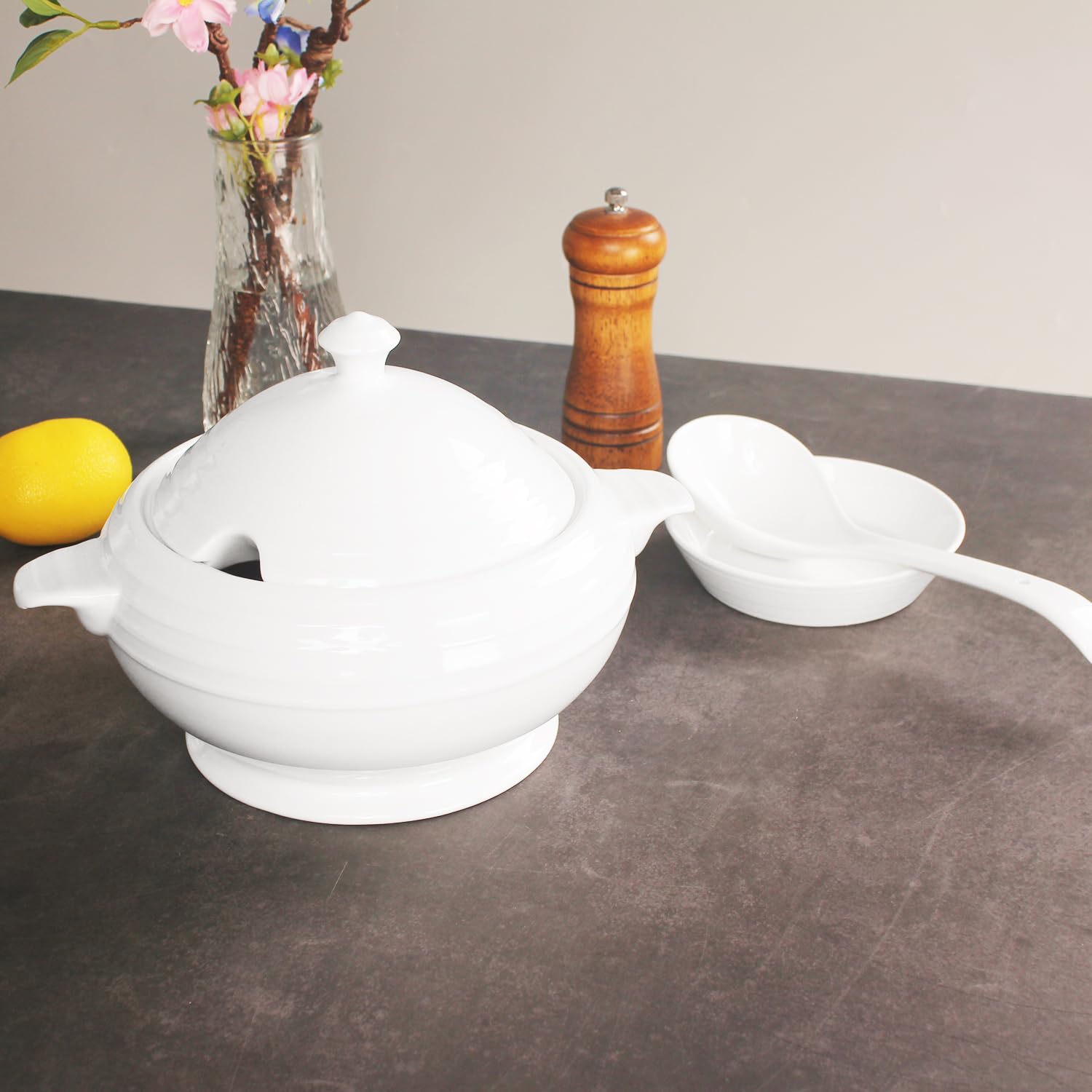 Creativity Home Casserole Dish with Serving Handles, 2.7 Qt soup Tureen With Lid and a 9.4-inch Spoon, for Dinner and Party Microwave Safe 11.6 Inch