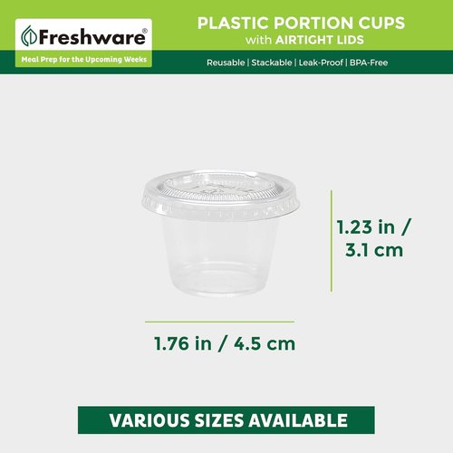 Freshware Portion Cups - 1 Ounce Disposable Plastic Cups with Lids for Meal Prep & Sauces | 100 Sets