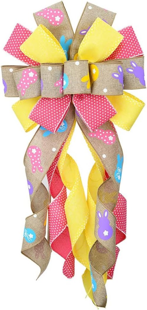 Hying Easter Wreath Bows - Flaxen Yellow & Pink Burlap Ribbon for Front Door Decor | Holiday Spring Bow