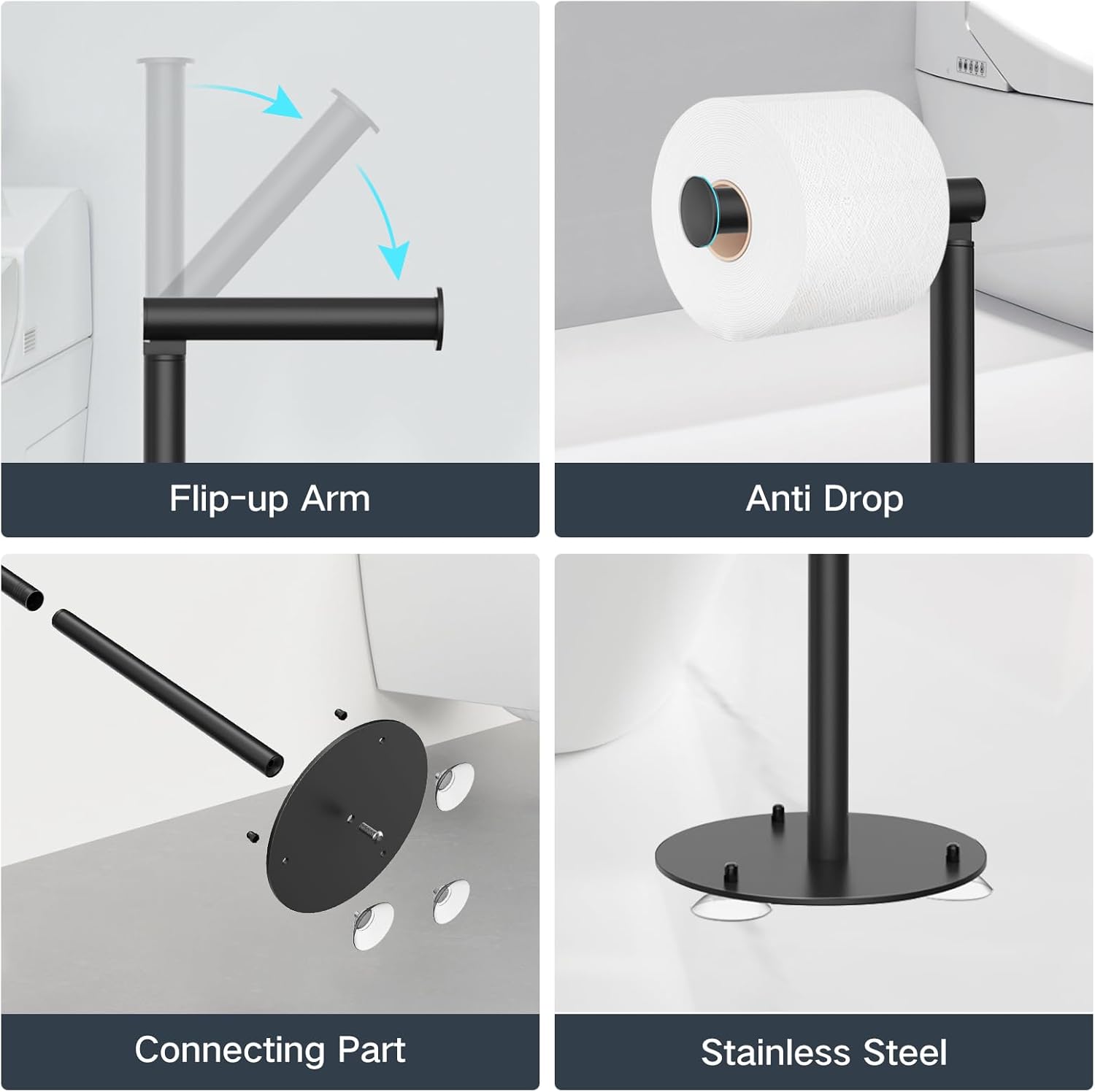 SetSail Suction Cup Toilet Paper Holder - Free Standing Stainless Steel Design | Weighted Base, Black