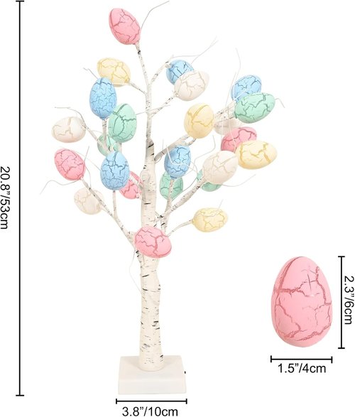 Kemooie 24-Inch Pre-Lit White Birch Tree - 24 Easter Egg Ornaments & LED Lights | Perfect Spring Table Centerpiece
