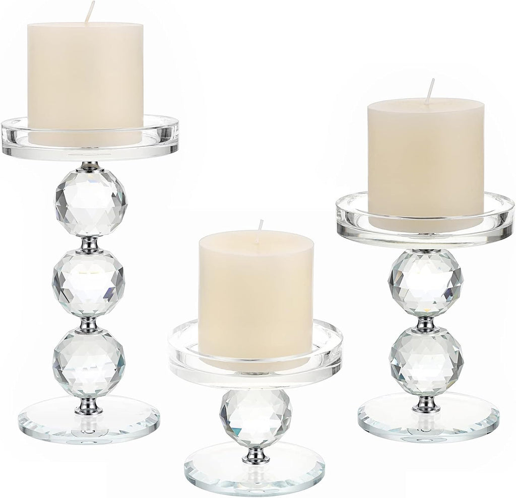 OwnMy Crystal Glass Pillar Candlestick Holders - Set of 3 Modern Tealight Votive Stands for Weddings & Home Decor