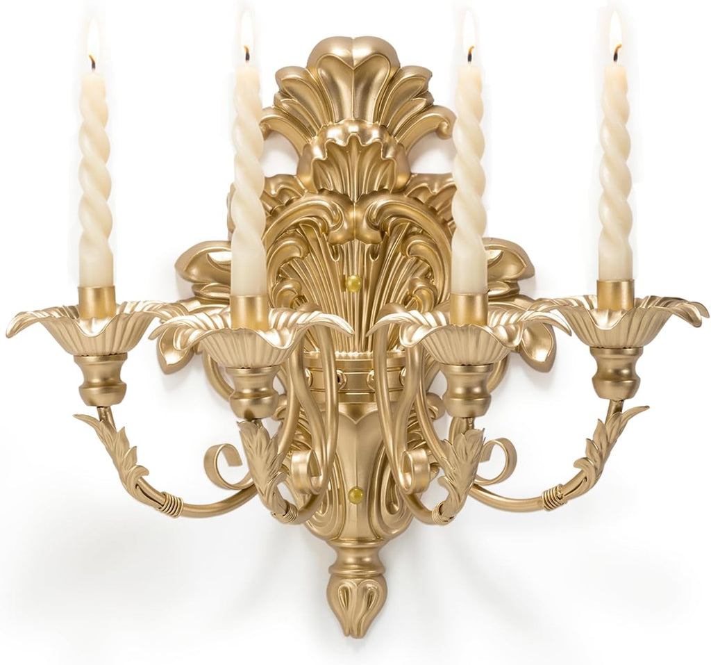 Roman Fountain Wall Sconce - 4-Candle Gold Baroque Candelabra | Antique Metal Wall Mounted Holder for Tapered Candles