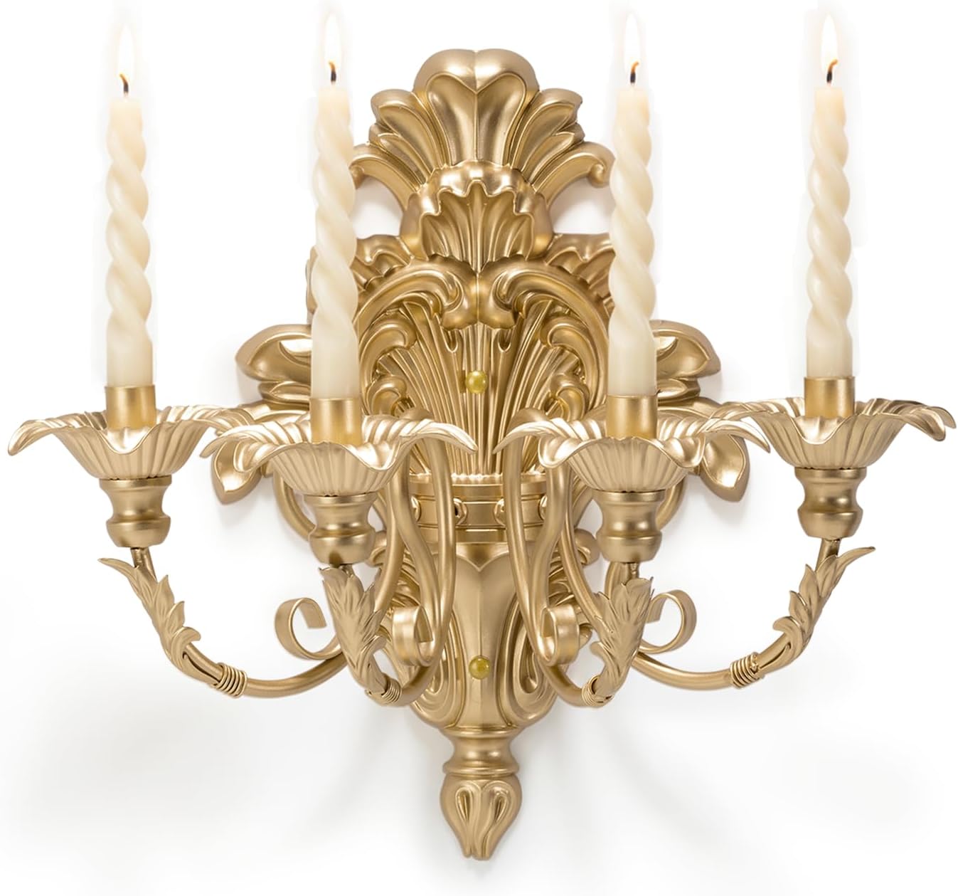 Roman Fountain Wall Sconce - 4-Candle Gold Baroque Candelabra | Antique Metal Wall Mounted Holder for Tapered Candles