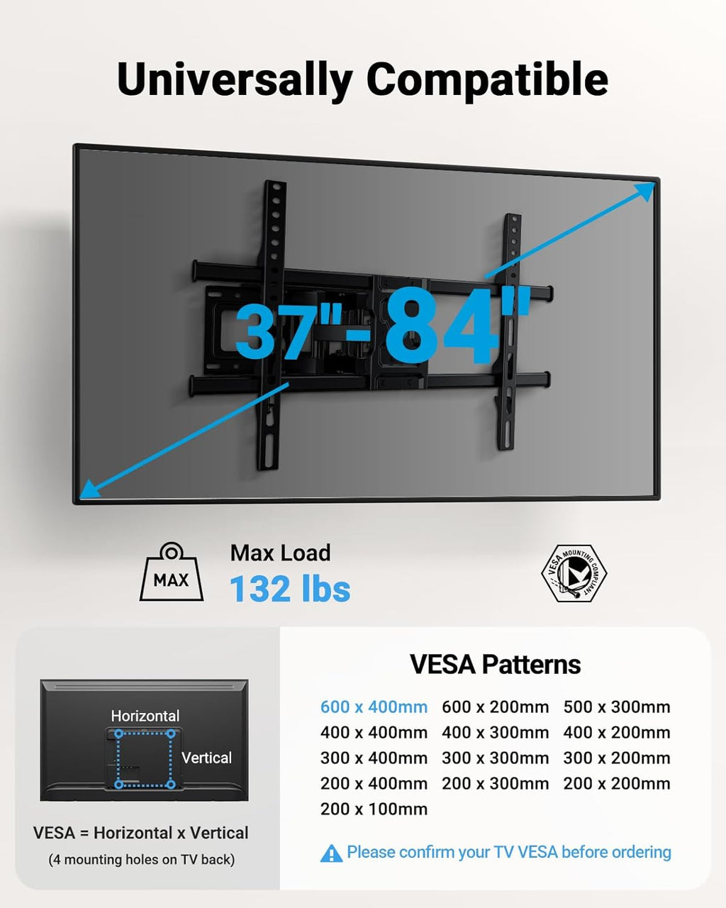 Pipishell Full Motion TV Wall Mount - Fits 37-84 Inch TVs Up to 132lbs | Articulating Swivel & Tilt Design