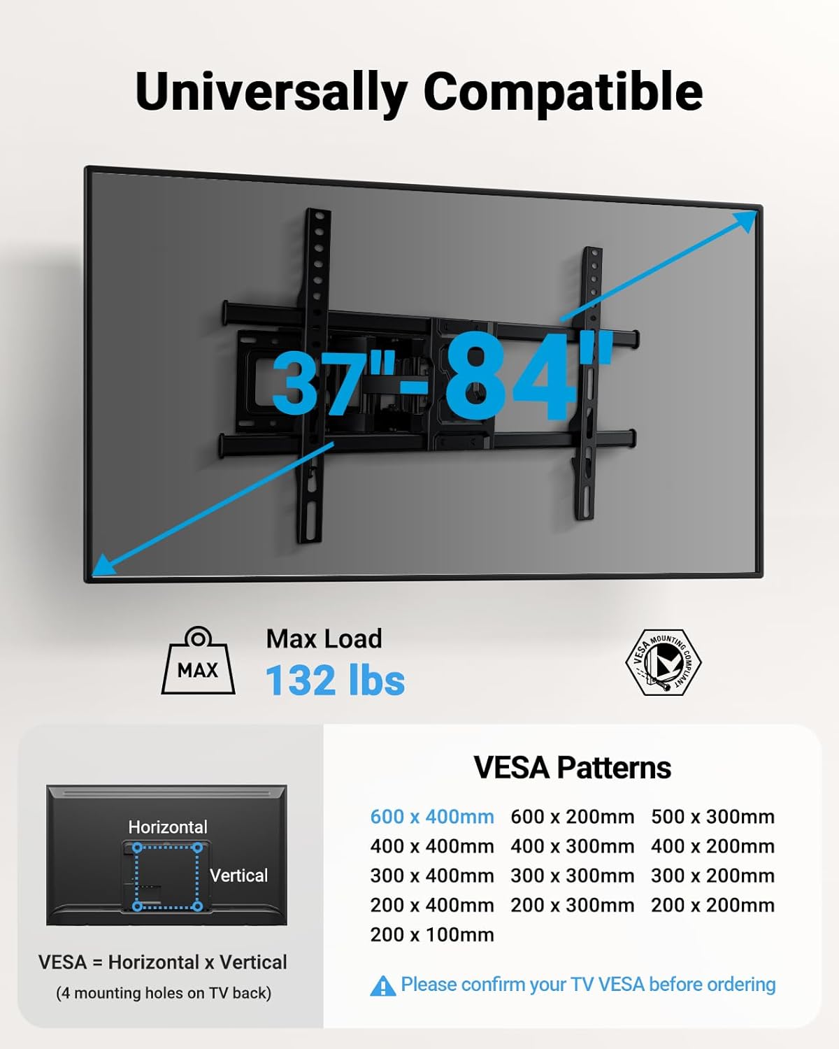 Pipishell Full Motion TV Wall Mount - Fits 37-84 Inch TVs Up to 132lbs | Articulating Swivel & Tilt Design