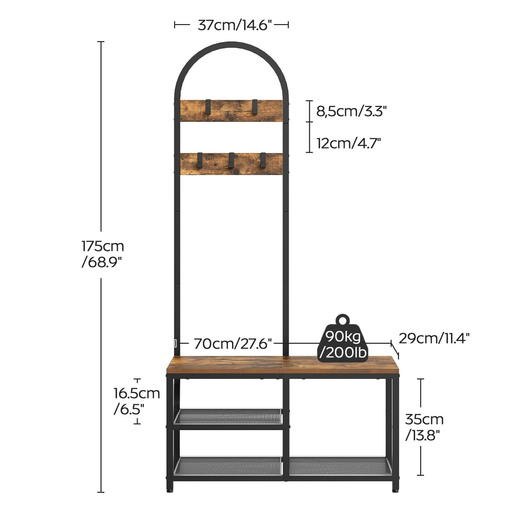 YATINEY Hall Tree, Coat Rack with Shoe Storage, Entryway Bench with Coat Rack and Shoe Shelf, All-in-One Entryway Storage Organizer, for Foyer, Hallway, Cloakroom, Rustic Brown and Black MT04BRY1
