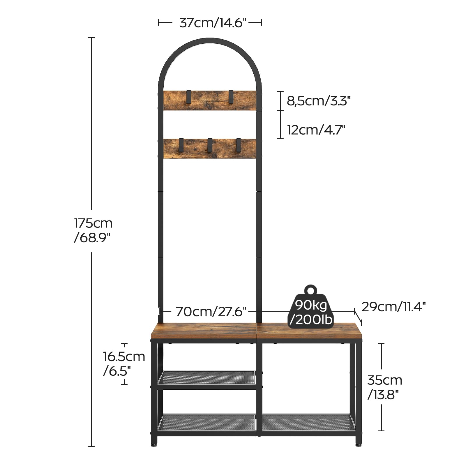 YATINEY Hall Tree, Coat Rack with Shoe Storage, Entryway Bench with Coat Rack and Shoe Shelf, All-in-One Entryway Storage Organizer, for Foyer, Hallway, Cloakroom, Rustic Brown and Black MT04BRY1