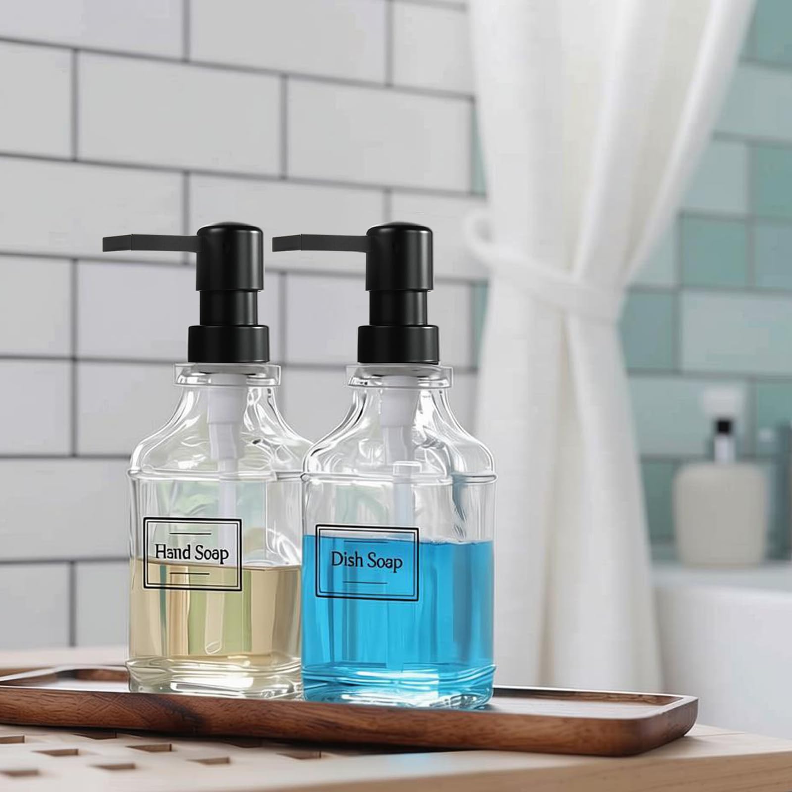 BPFY 3 Pack Glass Soap Dispenser with Pump, 17oz/500ml Square Refillable Hand and Dish Soap Dispenser for Bathroom Decor & Kitchen Sink, Clear Pump Bottles for Liquid, Lotion (Includes 6 Labels)