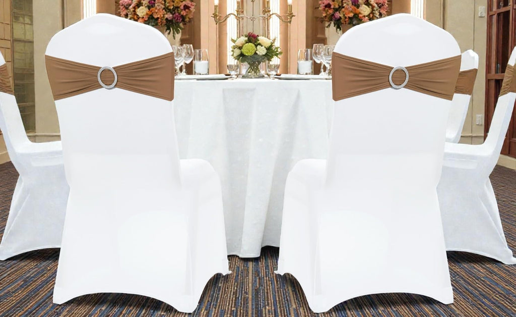 MDS Premium Spandex Chair Sashes - Stretchy Bow Covers with Buckle Slider | 50-Pack in Mocha for Weddings & Events