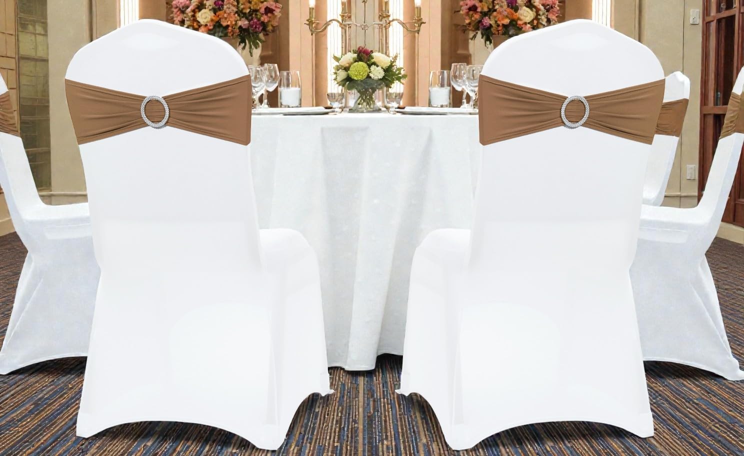 MDS Premium Spandex Chair Sashes - Pack of 10 Stretch Covers with Buckle Slider | Mocha for Weddings & Events