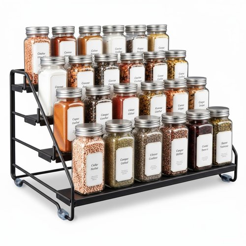 AVMDOM 4 Tier Spice Rack Organizer for Cabinet, Step Adjustable Spice Shelf Seasoning Organizer with Non Slip Tiers, Expandable Metal Spice Rack for Kitchen Countertop, Pantry, Cupboard – Black