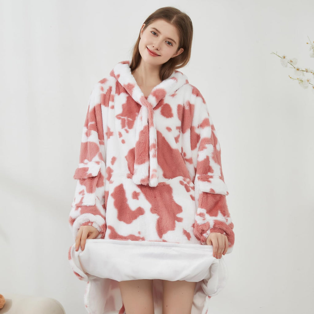 Softan Blanket Hoodie, Oversized Fleece Wearable Blankets for Women and Men Gifts, Cozy Warm and Soft Sweatshirt Blanket with Large Pocket, Pink Cow Print