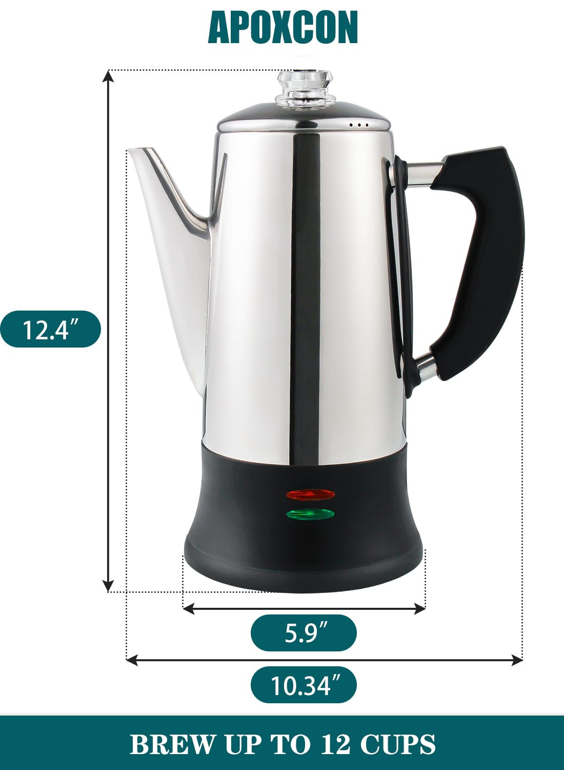 APOXCON Electric Coffee Percolator Stainless Steel Coffee Maker with Two Heat Resistant Tough Glass Clear Brew Progress Knob Classic Look Keep Warm & Cordless Serving Coffee Pot 12 Cup