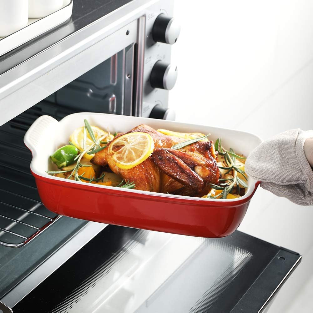 Sweejar Baking Pans Set - Durable Ceramic 9x13 Baking Dish with Handle | 3-Piece Bakeware Set in Red