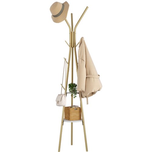 HOMEFORT Coat Rack, Coat Hanger Stand with 2 Shelves, Freestanding Hall Tree, Metal Hat Hanger with 12 Hooks for Clothes Hats and Scarves (Gold)