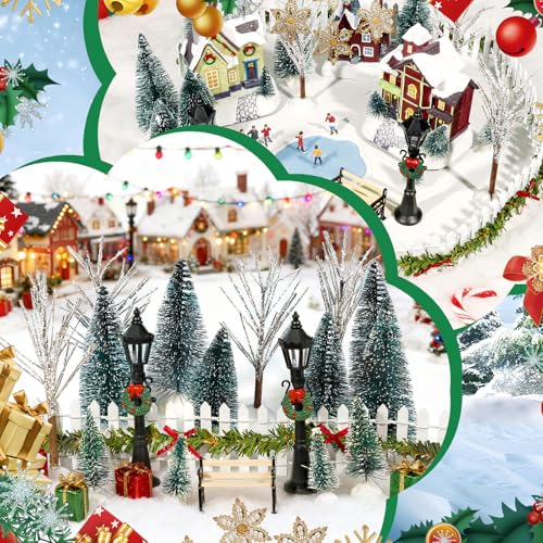 Christmas Village Miniature Set with Trees, Lamp Posts & Snow Blanket