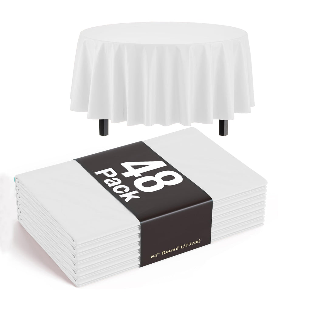 Party Solids White Round Tablecloths Plastic Table Cloth Disposable 48 Pack 84" Inch Round Table Cloth Disposable White Tablecloths Plastic Tablecloth Indoor/Outdoor Tablecloth Party Supplies