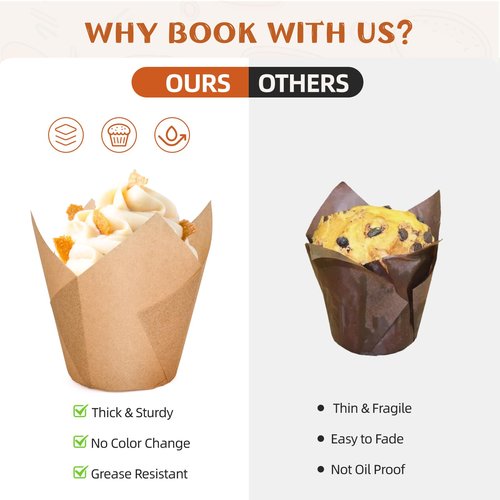 200pcs Natural Tulip Cupcake Liners, Premium Muffin Liners Holders for Baking Cups, Greaseproof Cupcake Wrappers in Standard Size, Classic Parchment Paper Cupcakes Liner by JIRNGLA