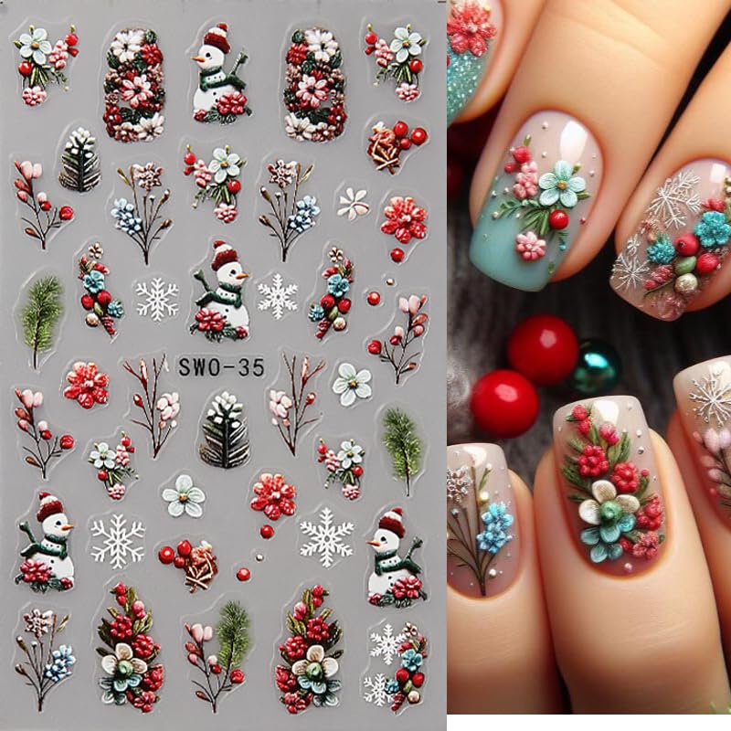 5D Christmas Nail Stickers Embossed Snowflake Decals 4 Sheets