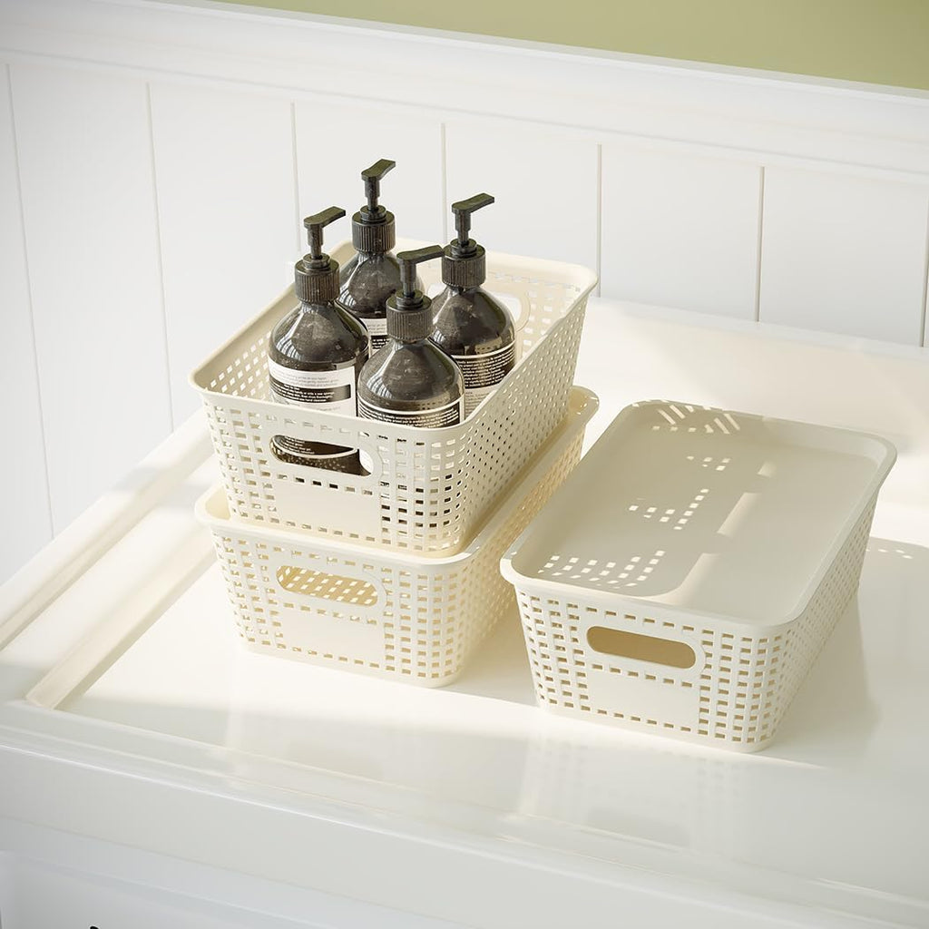 Resze Plastic Storage Baskets - 6 Pack Stackable Organizer Bins with Lids | Space-Saving White Design for Home & Office