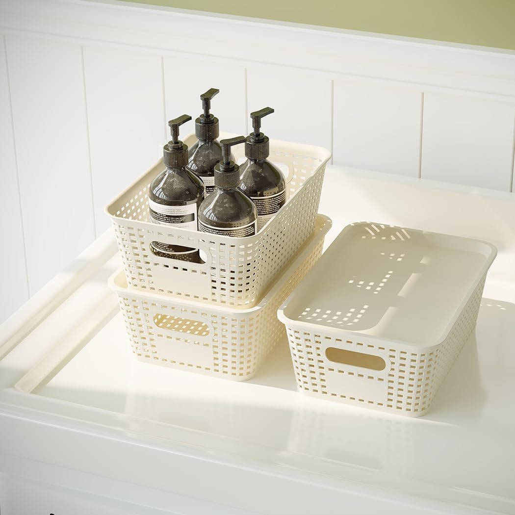 Resze Plastic Storage Baskets - 6 Pack Stackable Organizer Bins with Lids | Space-Saving White Design for Home & Office