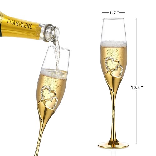 Parihy Wedding cake cutting set, Gold Wedding Champagne Fluteswith Twin Heart Base and Rhinestone Detailing, Toasting Glasses for Couple Bride and Groom, Cake Cutting Set of 6